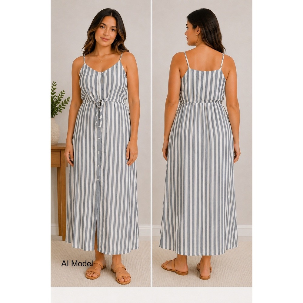 New Coastal Euro Stripe Maxi Dress Large Button Up‎ Tie Front Summer Vacation